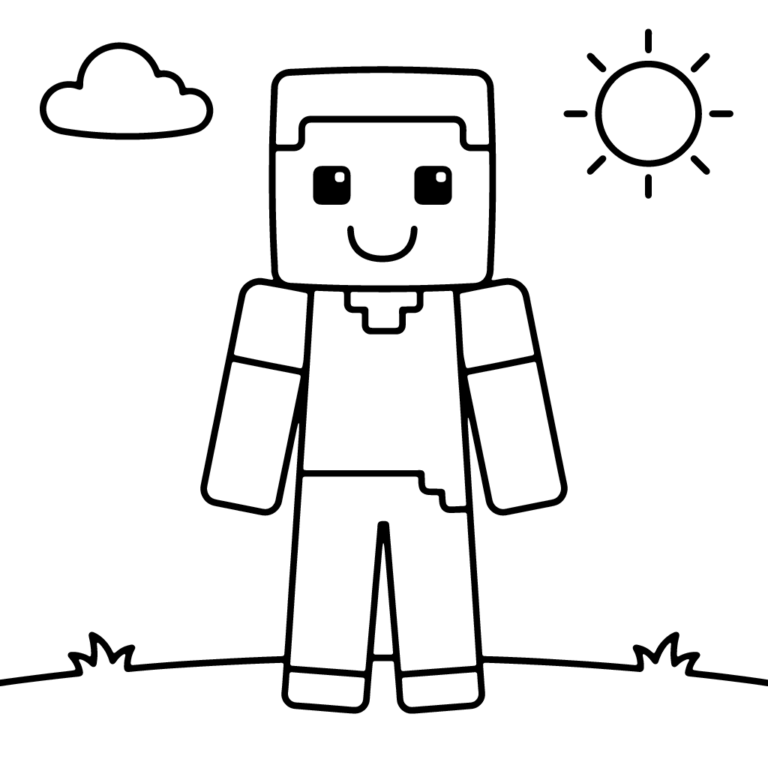 Na obrazku znajduje się duża, uśmiechnięta postać w stylu Minecrafta stojąca na trawie pod chmurką i słoneczkiem.