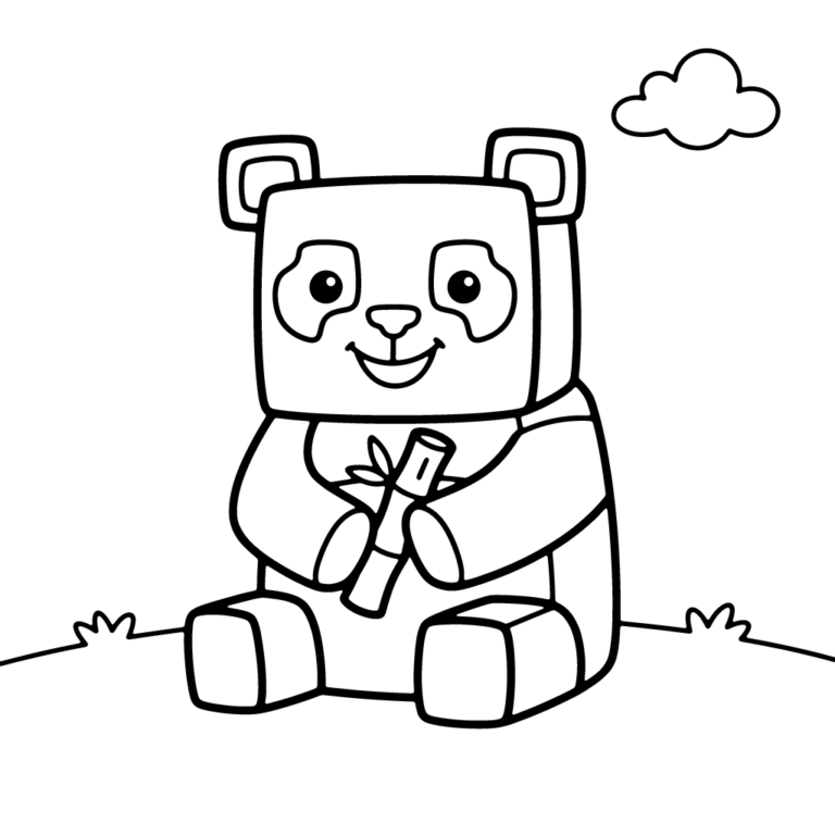 Na obrazku znajduje się uśmiechnięta kwadratowa panda w stylu Minecrafta, która siedzi na trawie i trzyma w łapkach gałązkę bambusa.
