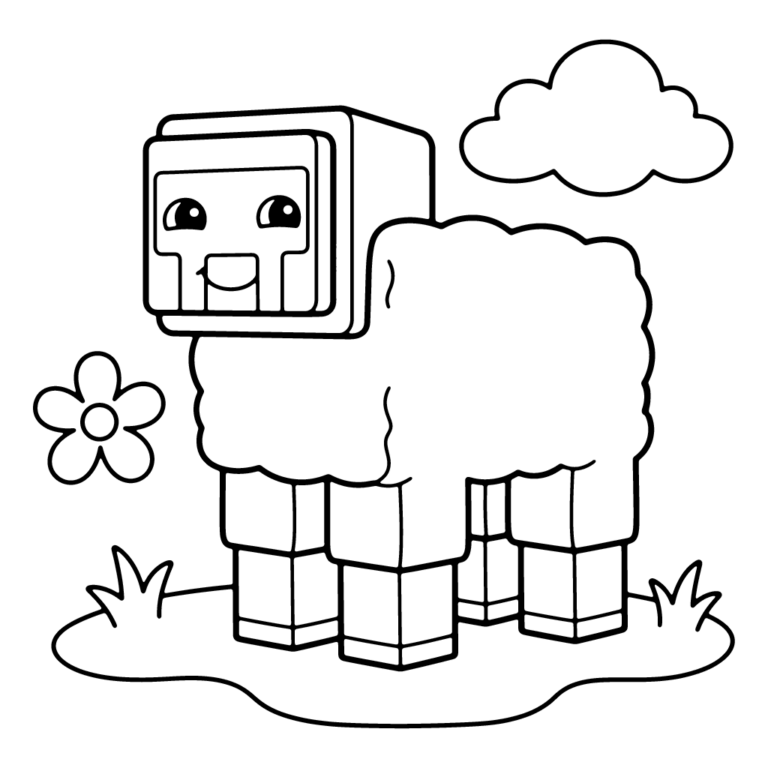 Na obrazku znajduje się duża, przyjazna, klockowa owieczka z Minecrafta, która stoi na trawie i patrzy na mały kwiatek.