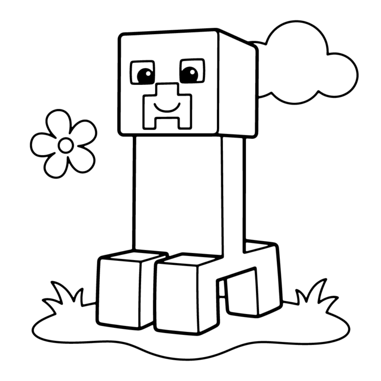 Na obrazku znajduje się duży, uśmiechnięty, klockowy stworek z Minecrafta, stojący na prostej linii trawy obok kwiatka i chmurki.