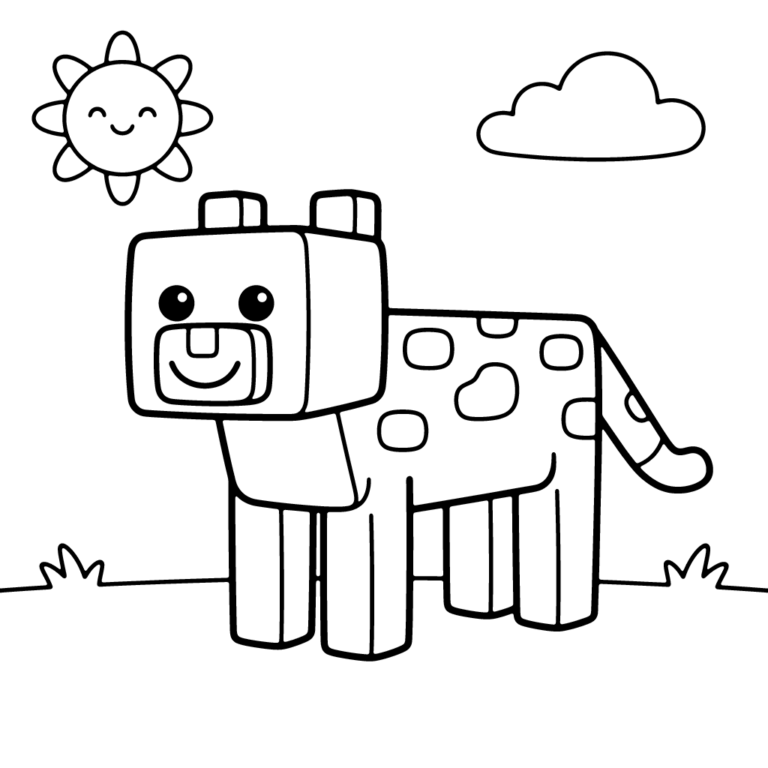 Na obrazku znajduje się duży, uśmiechnięty ocelot w stylu Minecrafta stojący na prostej trawi, w towarzystwie uśmiechniętego słoneczka i chmurki.