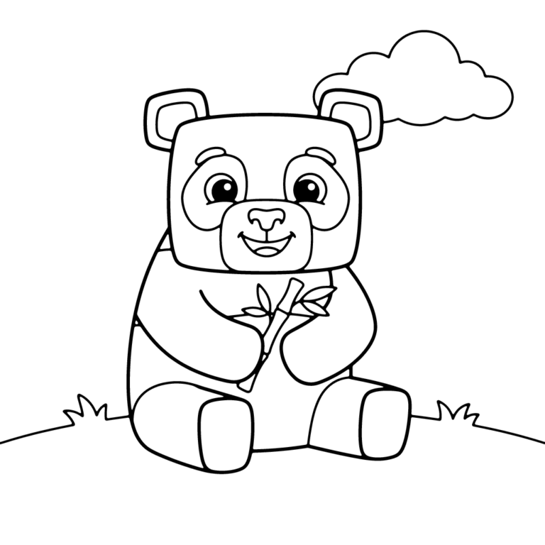 Na obrazku znajduje się uśmiechnięta, klockowa panda siedząca na trawie i trzymająca w łapkach gałązkę bambusa, a w tle widać chmurkę.