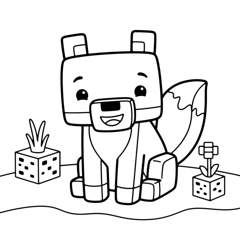 Na obrazku znajduje się uśmiechnięty, klockowy lis w stylu Minecrafta, siedzący na prostej linii trawy, z dwoma blokami trawy i kwiatkiem po bokach.