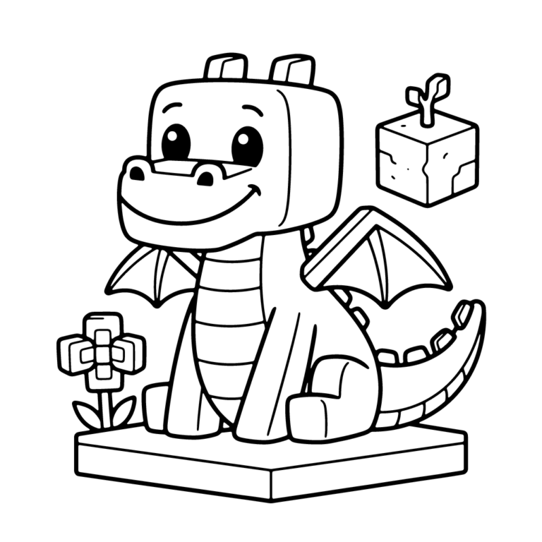Na obrazku znajduje się uśmiechnięty, klockowy smok w stylu Minecrafta, siedzący na bloku trawy, z kwiatkiem i roślinką obok.