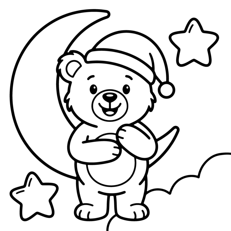 Na obrazku znajduje się uśmiechnięty miś w nocnej czapce, siedzący na dużym rogalu księżyca w otoczeniu dwóch gwiazdek i chmurki.