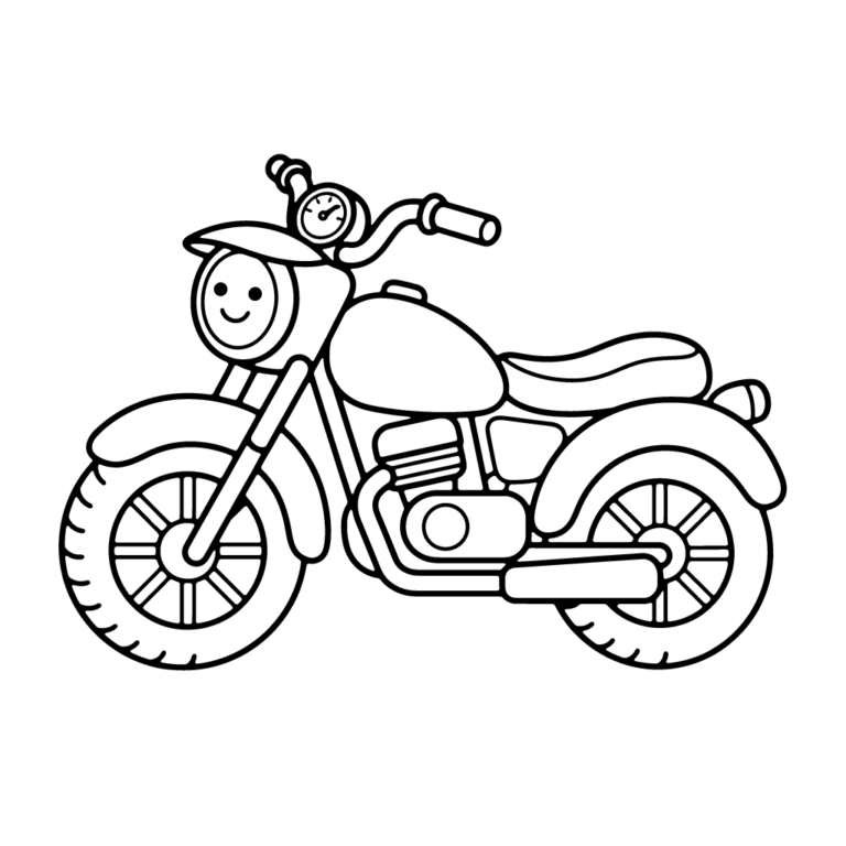 Na obrazku znajduje się uśmiechnięty motocykl z dużymi kołami, pojedynczą chmurką i małym słoneczkiem w tle.