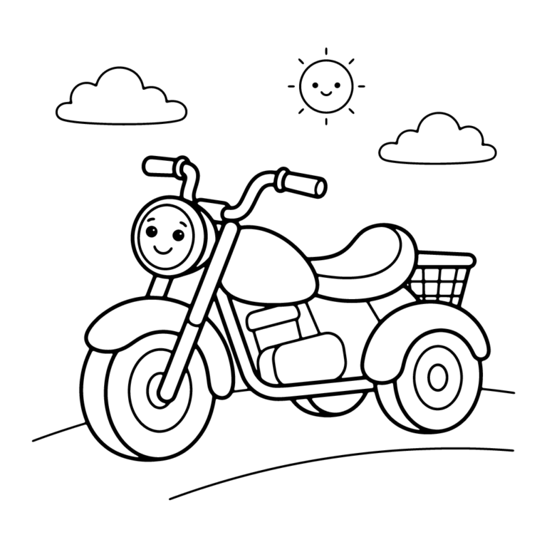 Na obrazku znajduje się uśmiechnięty motocykl z małym koszykiem z tyłu, jadący drogą pod chmurkami i słońcem.