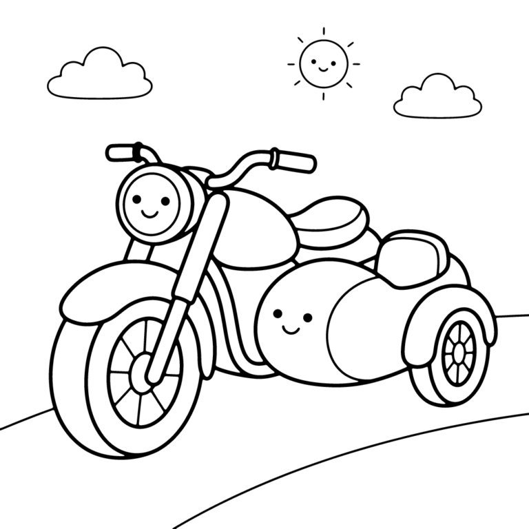 Na obrazku znajduje się uśmiechnięty motocykl z wesołą przyczepką, jadący po drodze pod chmurkami i słońcem.