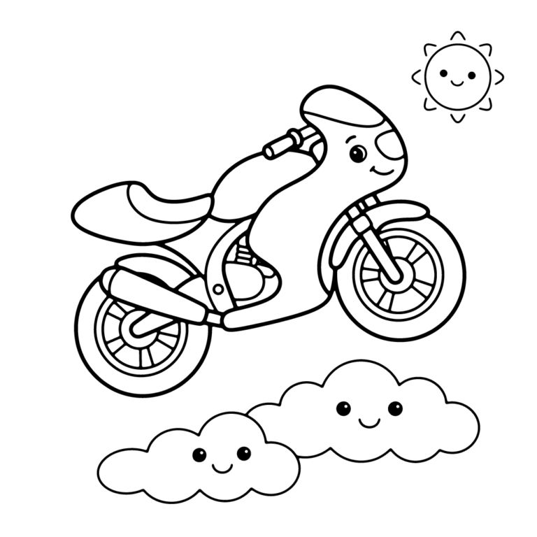 Na obrazku znajduje się uśmiechnięty motocykl sportowy, który przeskakuje nad dwiema puszystymi chmurkami na tle uśmiechniętego słońca.