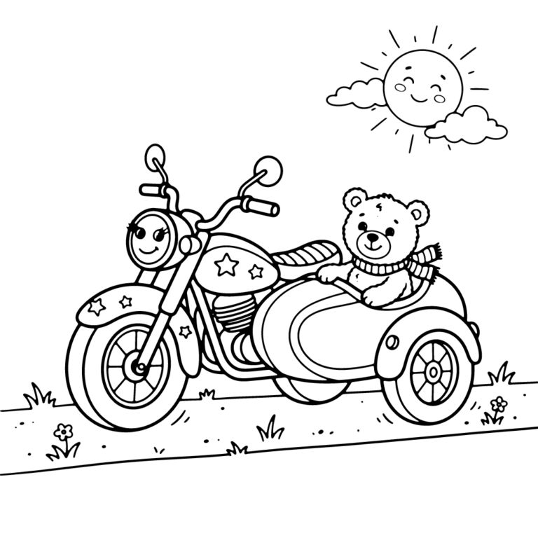 Na obrazku znajduje się uśmiechnięty motocykl z koszykiem, w którym siedzi mały miś, stojący na trawie pod małym słoneczkiem.