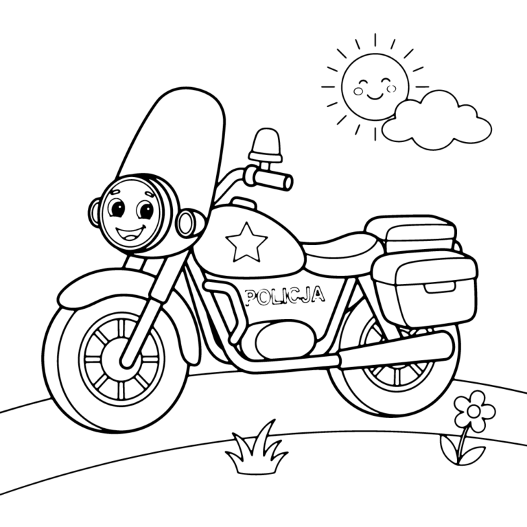 Na obrazku znajduje się wesoły motocykl policyjny z gwiazdką i napisem "POLICJA", który jedzie po drodze obok kwiatka i trawki pod uśmiechniętym słoneczkiem.