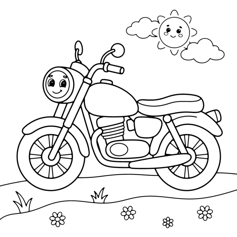 Na obrazku znajduje się duży, uśmiechnięty motocykl, który jedzie po trawie pełnej kwiatów pod wesołym słoneczkiem.