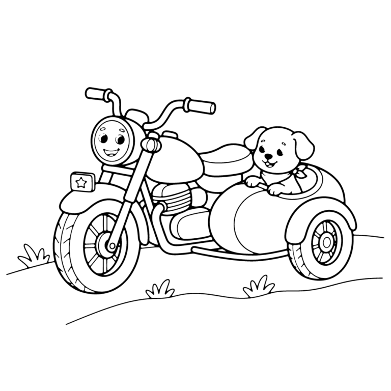 Na obrazku znajduje się przyjazny, uśmiechnięty motocykl z przyczepką boczną, w której siedzi mały, radosny piesek.