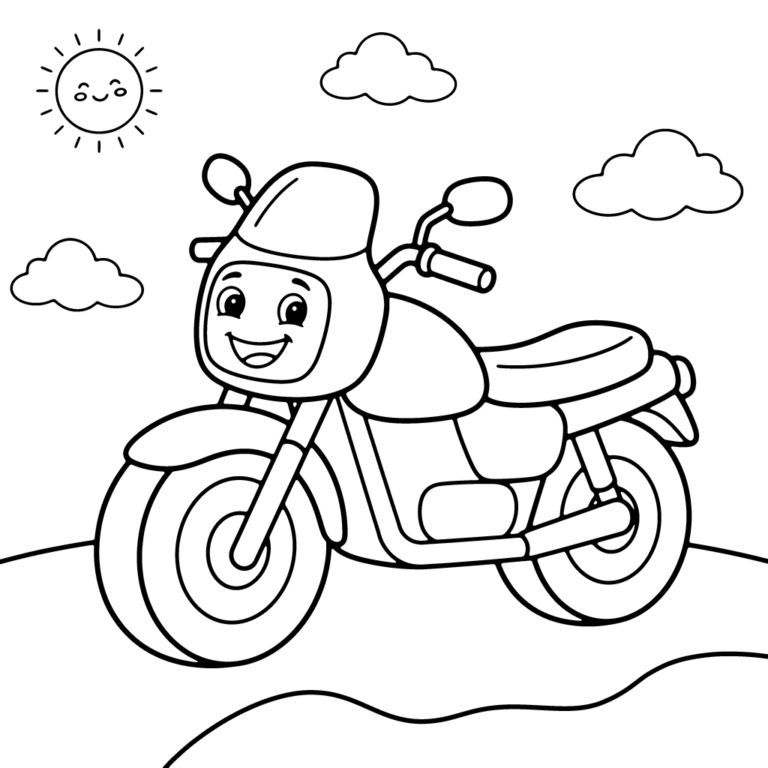 Na obrazku znajduje się radosny, uśmiechnięty motocykl stojący na drodze w otoczeniu puszystych chmur i uśmiechniętego słońca.