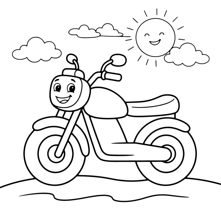 Na obrazku znajduje się uśmiechnięty motor jadący po drodze w towarzystwie radosnego słońca i puszystych chmur.