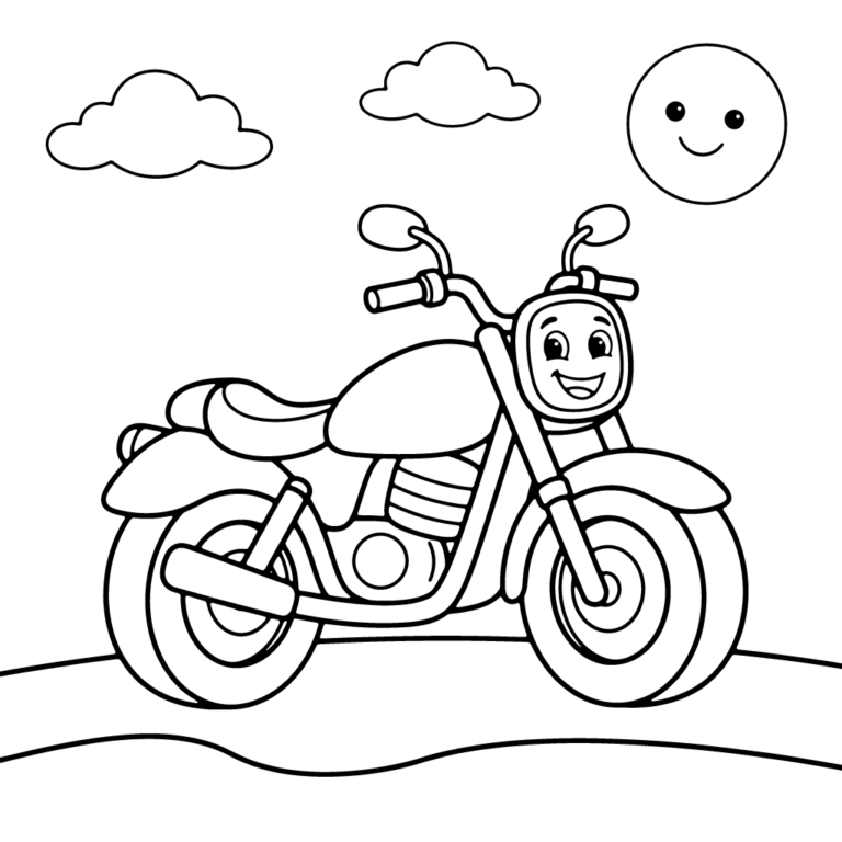 Na obrazku znajduje się wesoły, uśmiechnięty motocykl stojący na pagórku pod dwiema chmurkami i uśmiechniętym słońcem.
