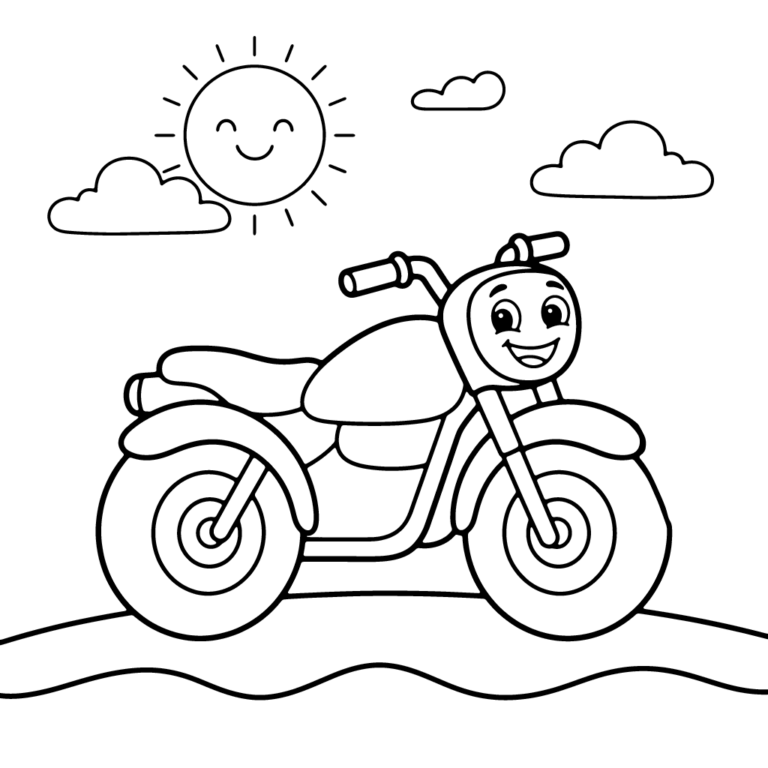 Na obrazku znajduje się uśmiechnięty motocykl stojący na zielonym pagórku pod radosnym słońcem i dwiema chmurkami.