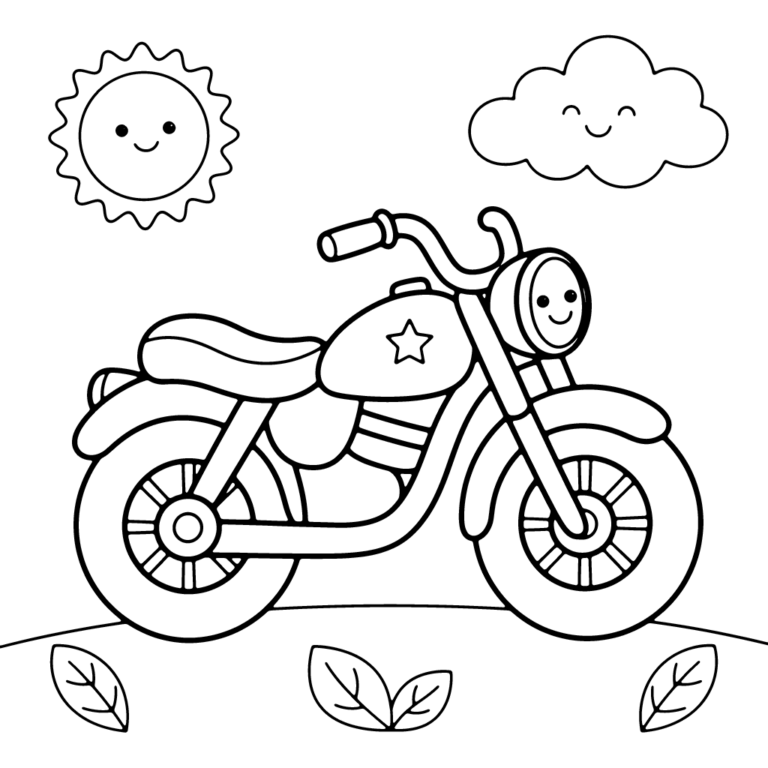Na obrazku znajduje się przyjazny motocykl z radosną buźką na reflektorze, jadący po zielonej dróżce pod uśmiechniętym słoneczkiem i chmurką, z listkami na dole.