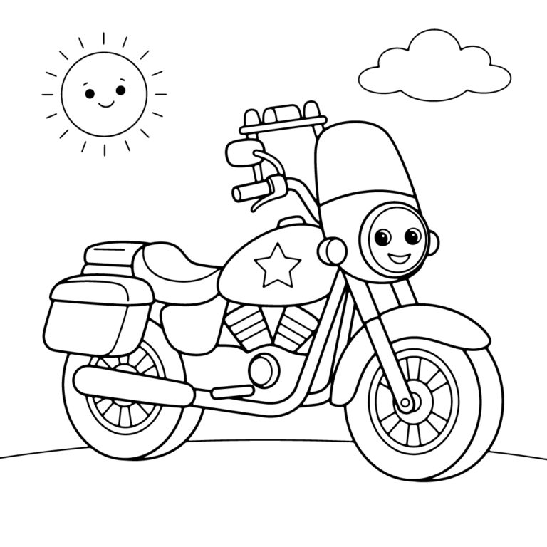 Na obrazku znajduje się duży, uśmiechnięty motocykl policyjny z gwiazdą na baku, wyposażony w koguty i sakwy, jadący po drodze pod radosnym słoneczkiem i chmurką.