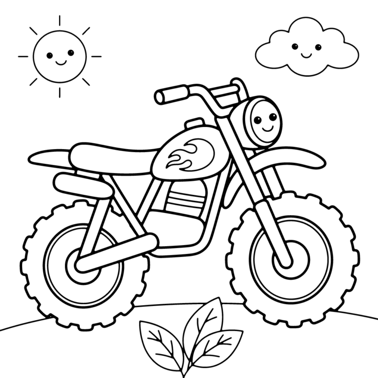 Na obrazku znajduje się duży, uśmiechnięty motocykl crossowy z płomieniami na baku, jadący po pagórku pod radosnym słoneczkiem i chmurką, z listkami na dole.