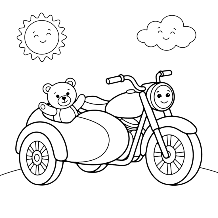 Na obrazku znajduje się uśmiechnięty motocykl z przyczepką, w której siedzi wesoły miś polarny, jadący przez łąkę pod uśmiechniętym słoneczkiem i chmurką.