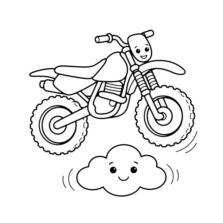 Na obrazku znajduje się skaczący crossowy motor z uśmiechniętą buźką, przelatujący nad wesołą chmurką.