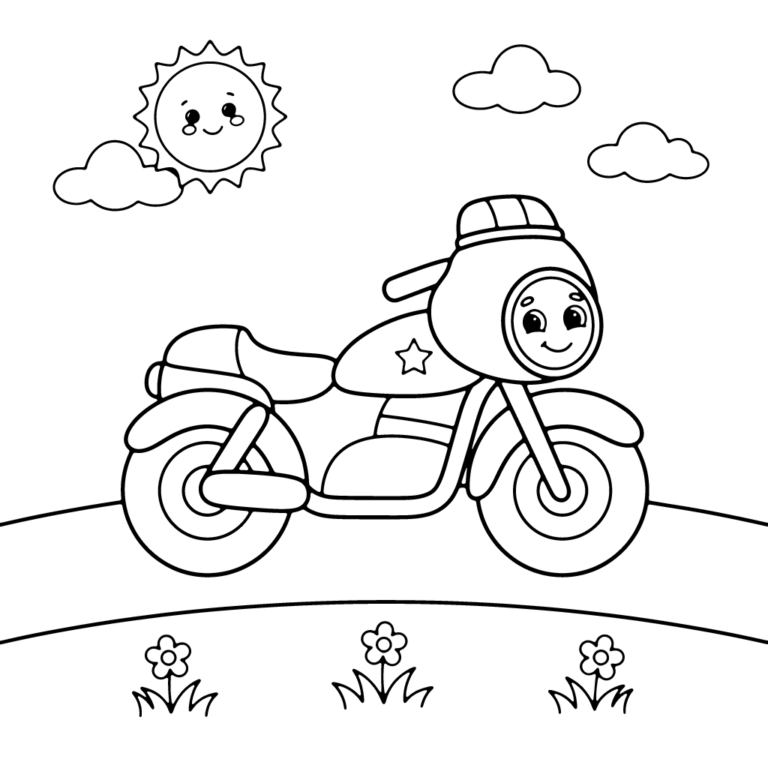 Na obrazku znajduje się uśmiechnięty motocykl policyjny z lampą błyskową i gwiazdą na baku, stojący na trawie pod uśmiechniętym słoneczkiem i chmurkami.