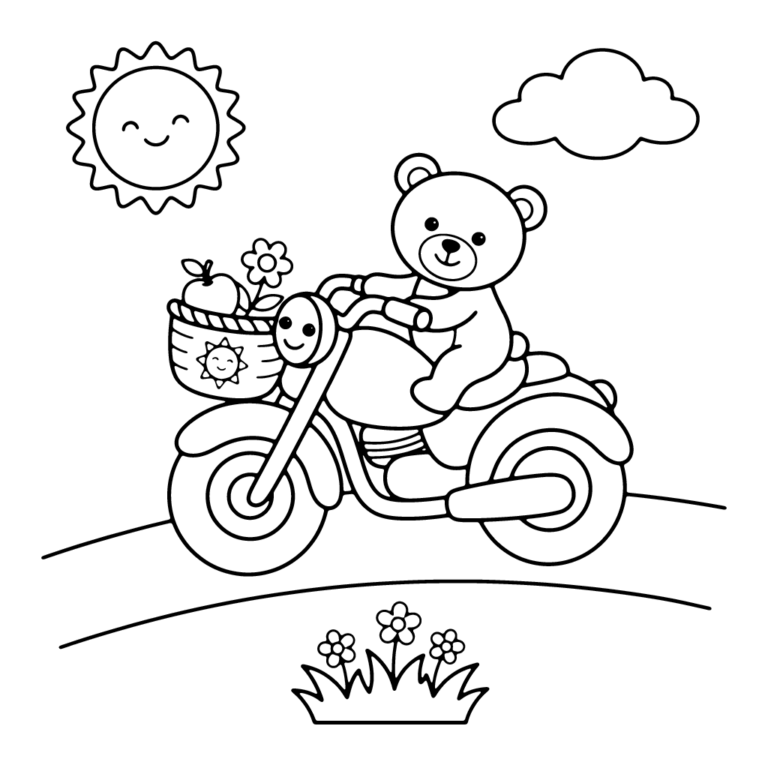 Na obrazku znajduje się wesoły miś jadący na uśmiechniętym motocyklu z koszykiem pełnym jabłek i kwiatów, pod radosnym słoneczkiem i chmurką.