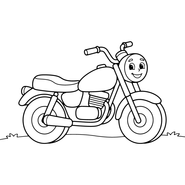 Na obrazku znajduje się przyjazny, uśmiechnięty motocykl z dużymi kołami, zaparkowany na trawie.