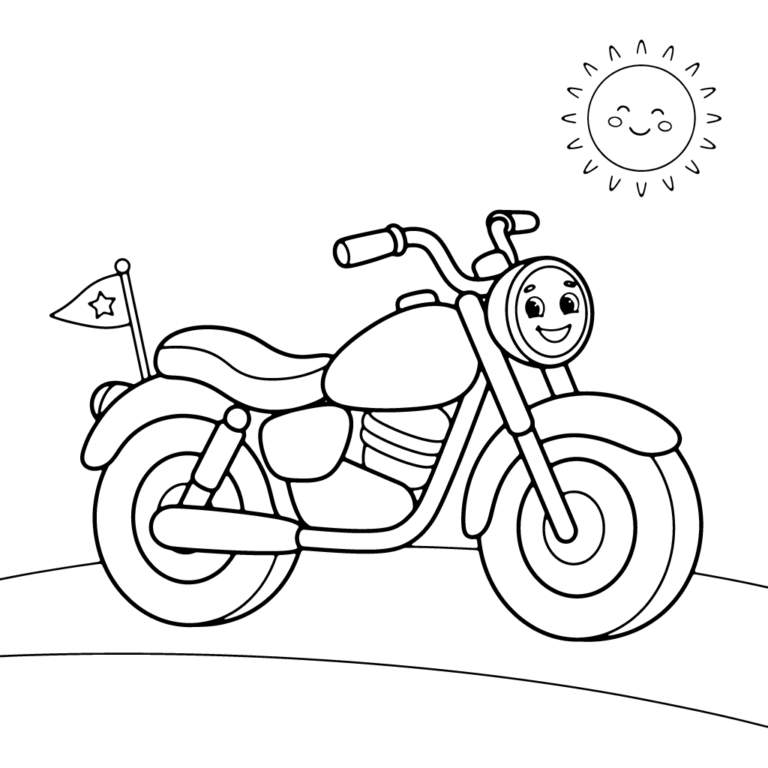 Na obrazku znajduje się przyjazny, uśmiechnięty motocykl w stylu klasycznym z małą flagą z gwiazdką z tyłu oraz radosnym słoneczkiem w górnym rogu.
