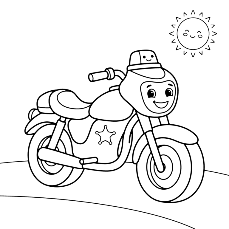 Na obrazku znajduje się sympatyczny motocykl policyjny z uśmiechniętą twarzą, gwiazdą na boku oraz małym kogutem na kierownicy, stojący na drodze pod uśmiechniętym słoneczkiem.