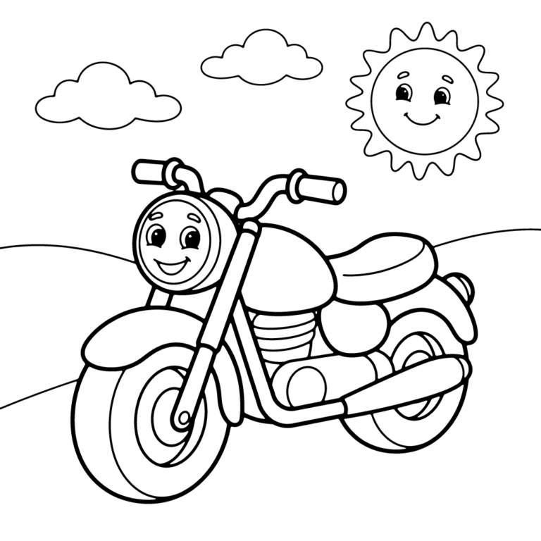 Na obrazku znajduje się uśmiechnięty motor z buźką na reflektorze, jadący drogą pod chmurkami i uśmiechniętym słoneczkiem.
