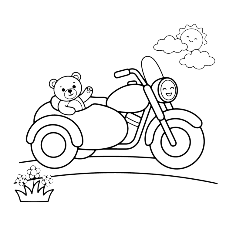 Na obrazku znajduje się uśmiechnięty motocykl z bocznym wózkiem, w którym siedzi machający miś, a nad nimi świeci radosne słoneczko.