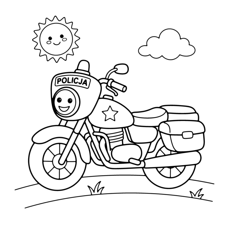 Na obrazku znajduje się duży, uśmiechnięty motocykl policyjny z napisem "POLICJA", gwiazdą na baku i bocznymi kuframi, jadący po drodze pod radosnym słońcem i chmurką.