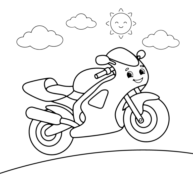 Na obrazku znajduje się duży, uśmiechnięty motocykl sportowy, który podskakuje radośnie na drodze, a nad nim widać wesołe słoneczko i puszyste chmurki.
