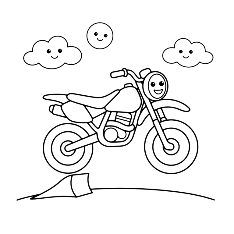 Na obrazku znajduje się duży, uśmiechnięty motocykl crossowy, który wyskakuje w powietrze z małej rampy, a nad nim widać dwie radosne chmurki i uśmiechnięte słoneczko.