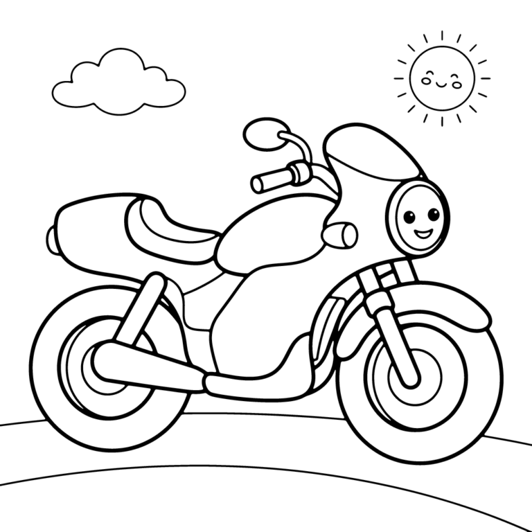 Na obrazku znajduje się uśmiechnięty motocykl sportowy jadący po drodze, nad którym świeci radosne słońce i unoszą się chmury.
