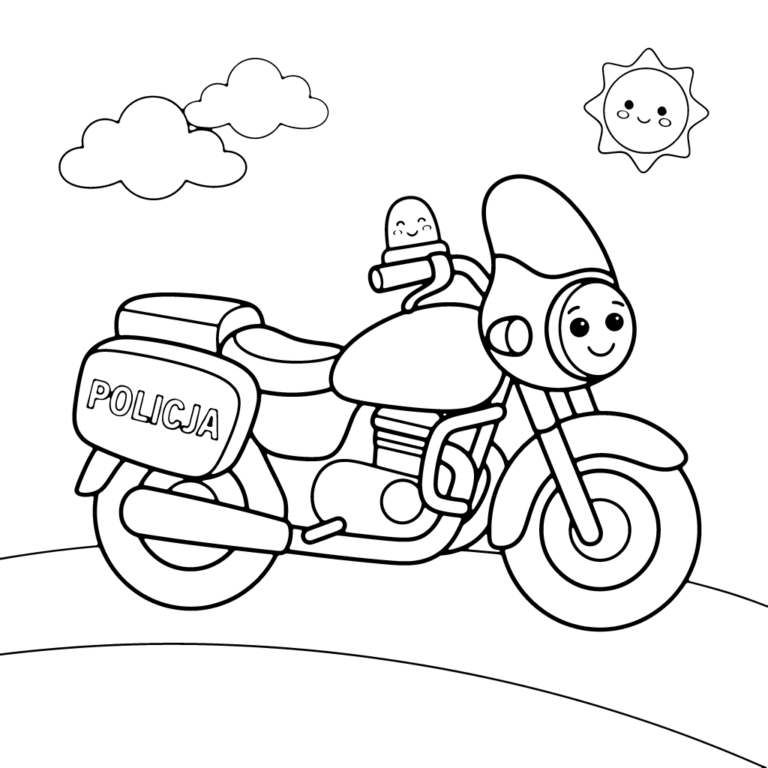 Na obrazku znajduje się uśmiechnięty motocykl policyjny z napisem "POLICJA" na kufrze, jadący po drodze pod chmurkami i radosnym słońcem.