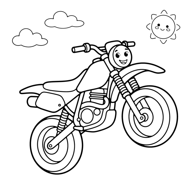 Na obrazku znajduje się wesoły motocykl typu cross, który wykonuje wysoki skok w powietrzu, unosząc się pomiędzy chmurami i radosnym słońcem.