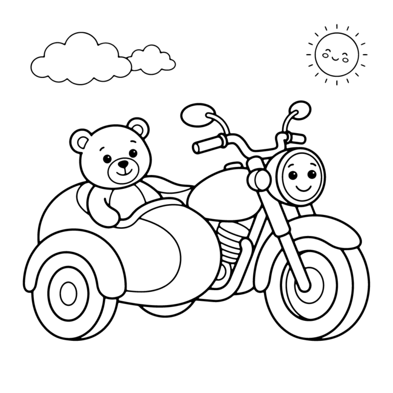 Na obrazku znajduje się wesoły motocykl z bocznym wózkiem, w którym siedzi uśmiechnięty miś, a w tle widać chmurki i radosne słońce.