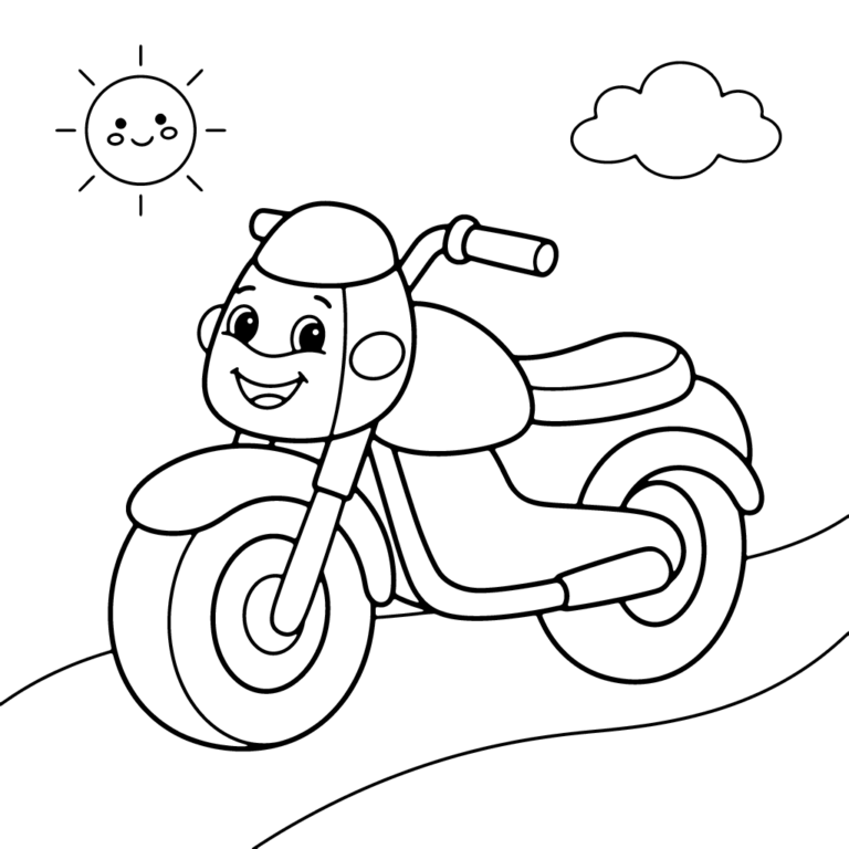 Na obrazku znajduje się uśmiechnięty motocykl z oczami i szerokim uśmiechem, jadący po drodze pod radosnym słoneczkiem i chmurką.
