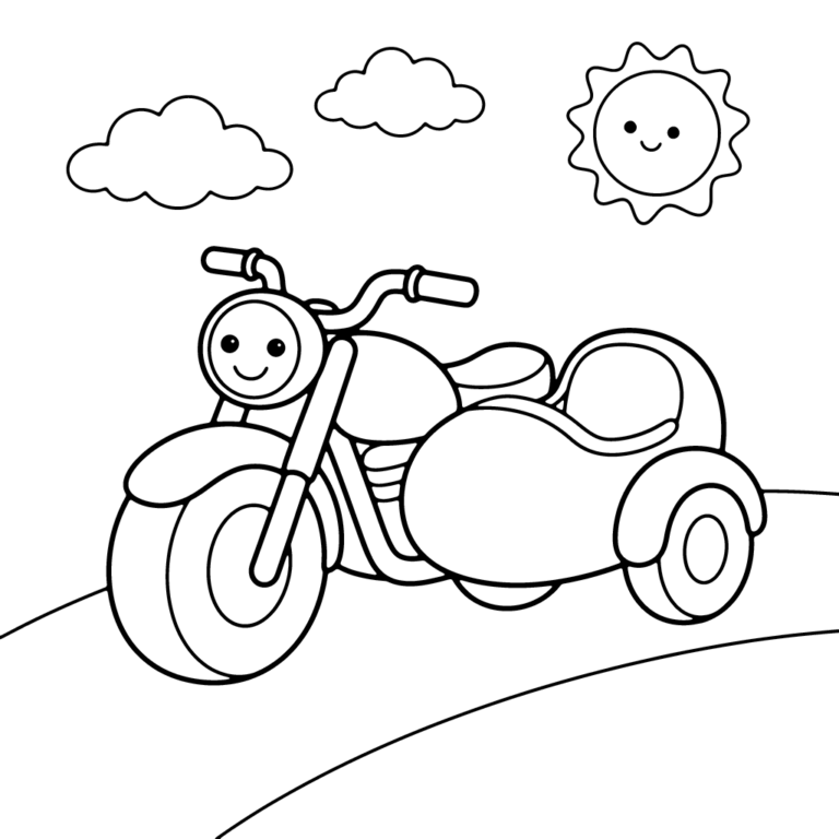 Na obrazku znajduje się sympatyczny motor z wózkiem bocznym, jadący po drodze pod chmurkami i radosnym słoneczkiem.