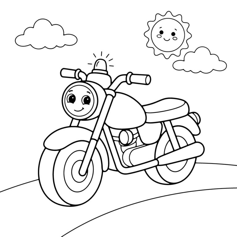 Na obrazku znajduje się przyjazny, uśmiechnięty motocykl policyjny z kogutem na kierownicy, jadący po drodze pod radosnym słoneczkiem i chmurkami.