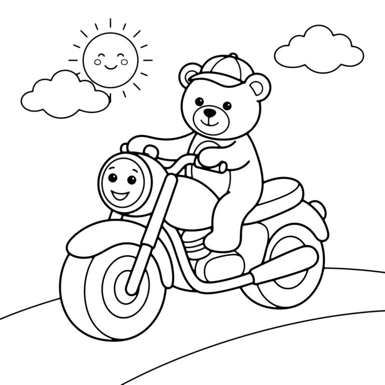 Na obrazku znajduje się sympatyczny miś w czapeczce, który siedzi na uśmiechniętym motocyklu i trzyma kierownicę, jadąc po drodze pod słoneczkiem i chmurkami.