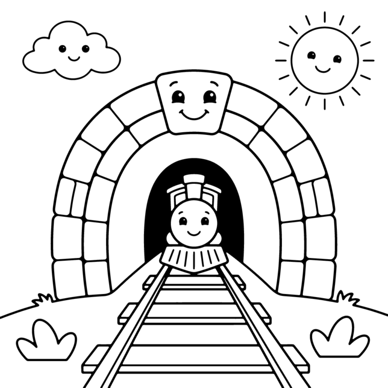 Na obrazku znajduje się uśmiechnięty kamienny tunel z małą lokomotywą wyjeżdżającą na tory, otoczoną chmurką i słońcem.
