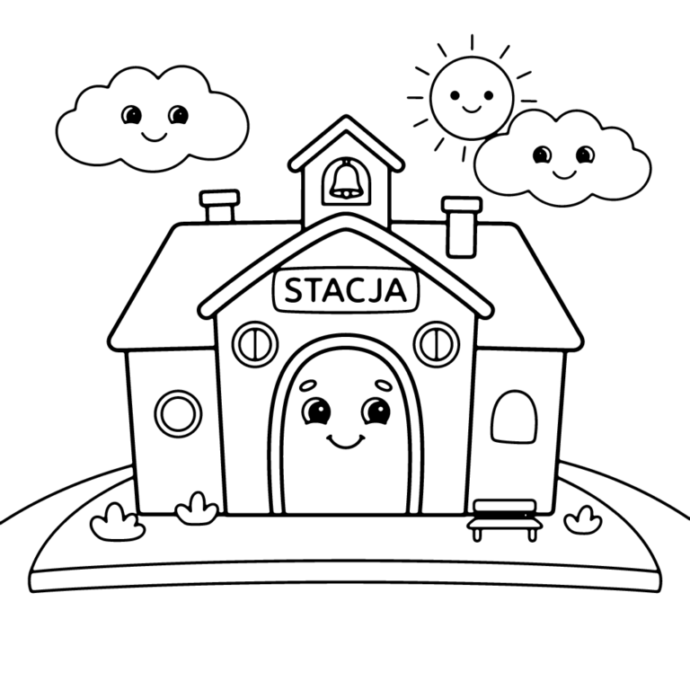 Na obrazku znajduje się uśmiechnięty budynek stacji kolejowej z napisem 'STACJA' nad wejściem, dzwonkiem na wieżyczce i ławeczką, stojący pod chmurkami i słońcem.