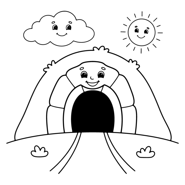 Na obrazku znajduje się duży, przyjazny tunel kolejowy w kształcie pagórka z uśmiechniętą twarzą na portalu, z torami prowadzącymi do wejścia oraz radosnym słońcem i chmurką w tle.