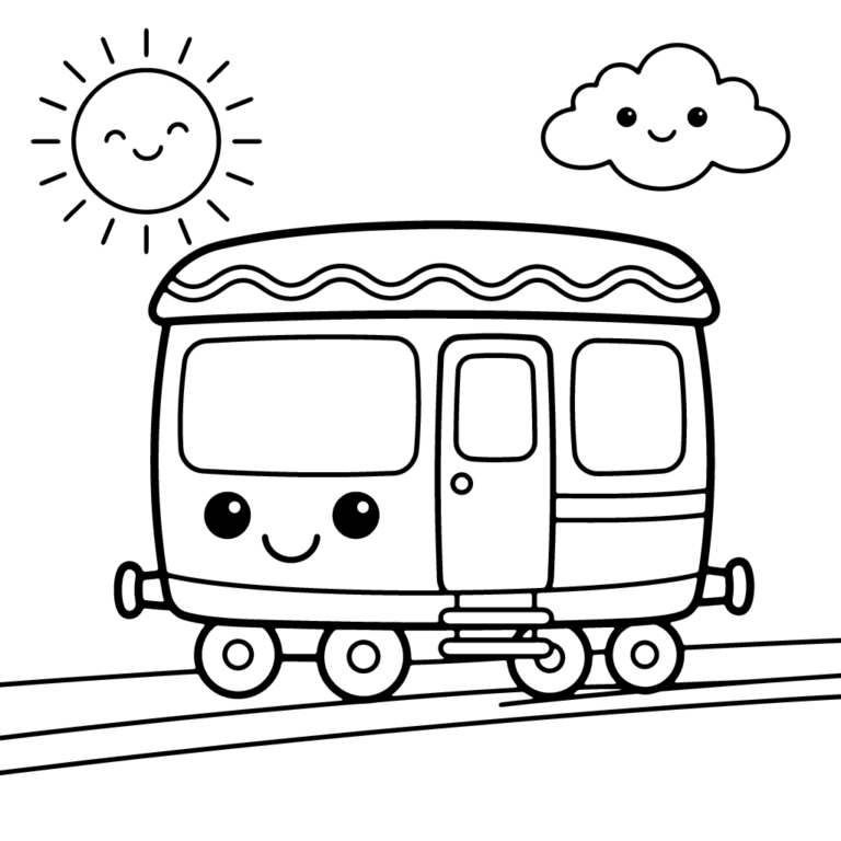 Na obrazku znajduje się pojedynczy, uśmiechnięty wagonik kolejowy z oknami i drzwiami, który stoi na torach pod uśmiechniętym słońcem i chmurką.