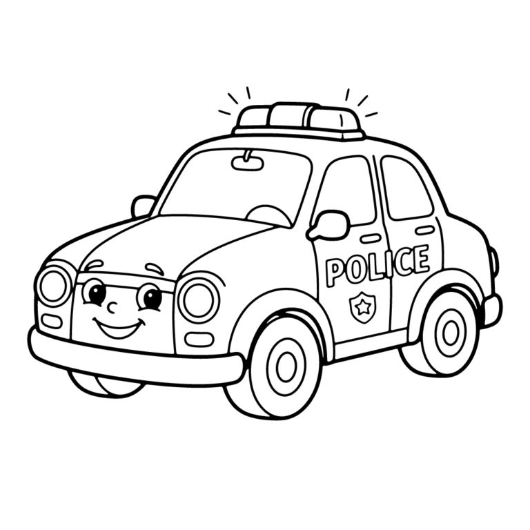 Na obrazku znajduje się duży, uśmiechnięty radiowóz policyjny z wielką sygnałową lampą na dachu.