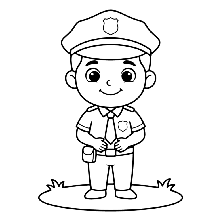 Na obrazku znajduje się uśmiechnięty funkcjonariusz policji w mundurze i czapce z daszkiem, stojący na tle prostej kępki trawy.